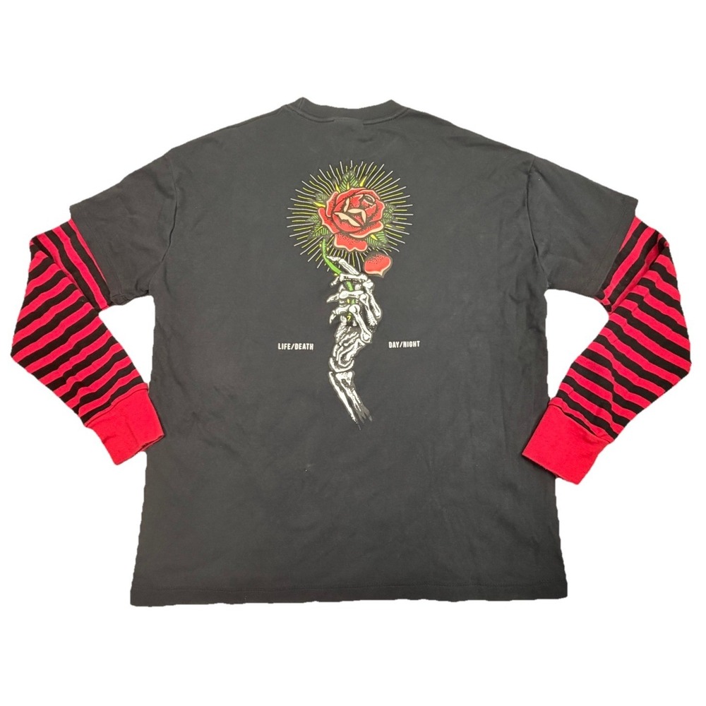 Empyre Skull Rose Striped Layered Long Sleeve T-Shirt Small‎ Black Red